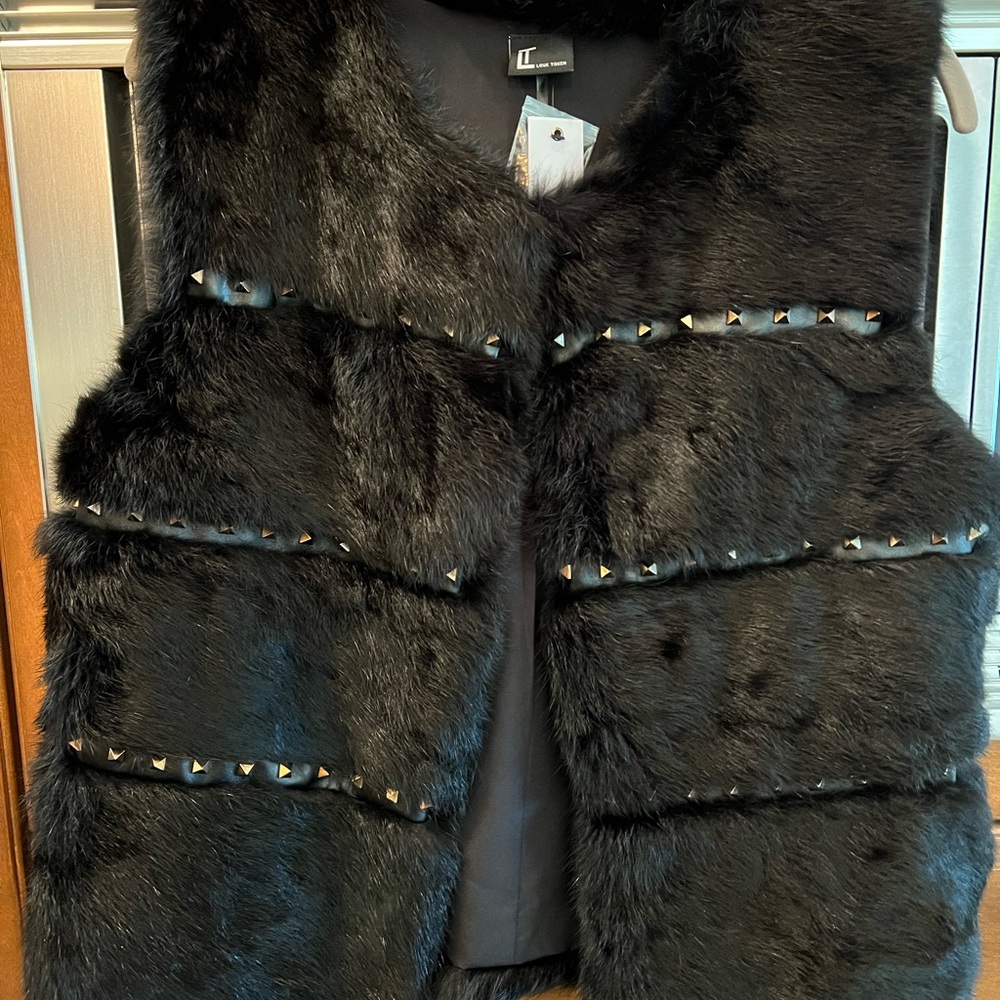 Love Token black rabbit fur vest size M with 4 closure hooks & gold rockstuds.